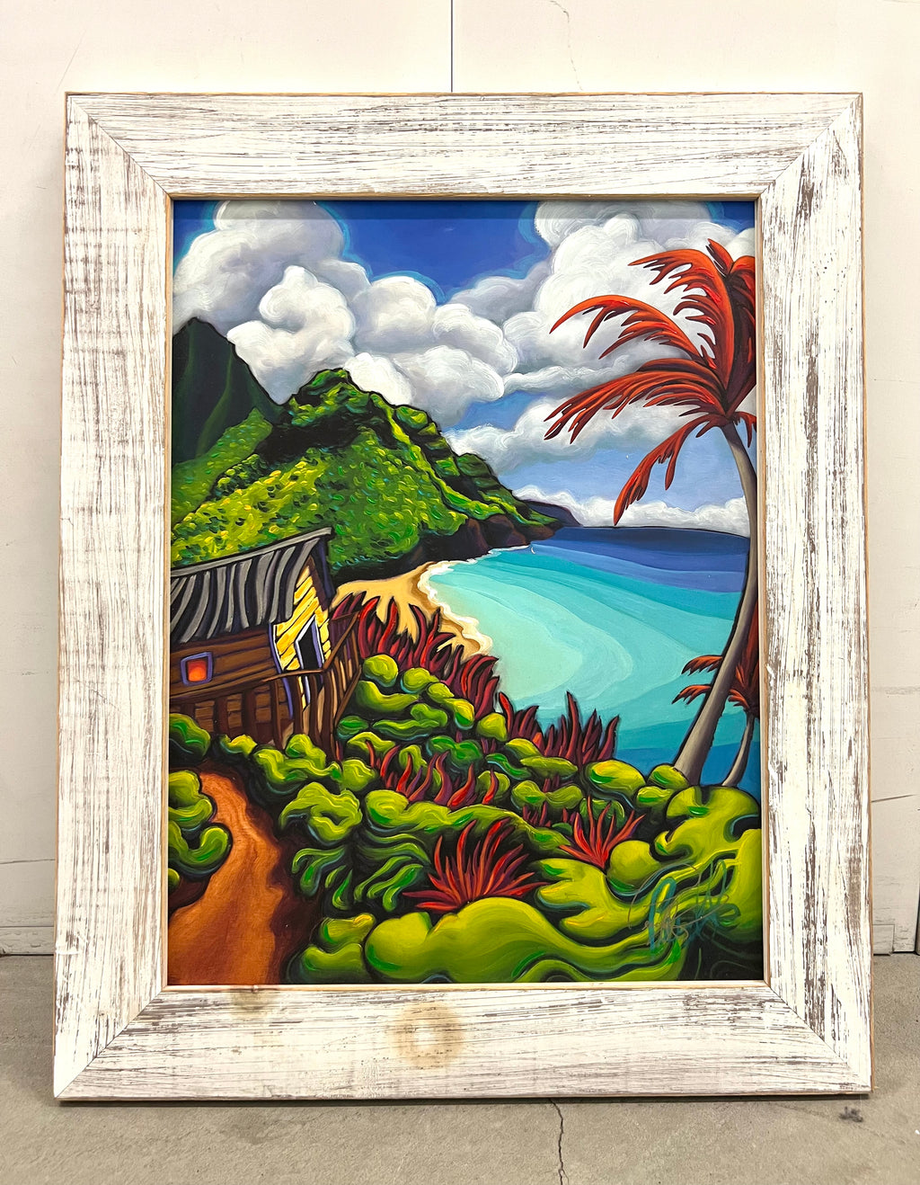 Na Pali Trails Large Paper Print- White Weathered Frame