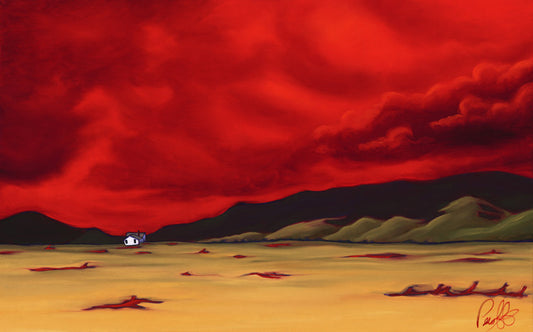 Crimson Clouds over a Lone Farmhouse Perfect Giclee on Metal